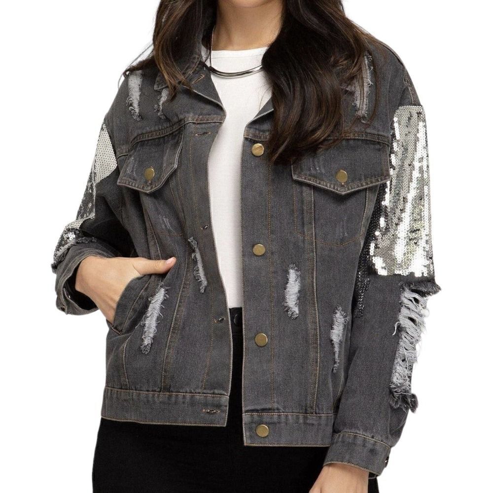 Fabrik Black Distressed Denim Embellished Jean Jacket Size Medium